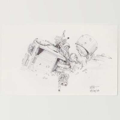 Lot # 28: Downed AT-ST Chicken Walker Sketch - with Ewoks