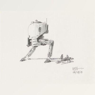 Lot # 39: Two-legged Walker Colored Sketch with Speeder Bike