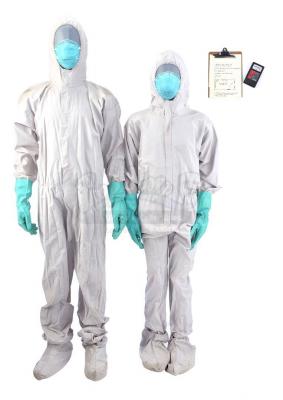 Lot # 28: THE HAUNTING OF HILL HOUSE - Younger Hugh Crain and Young Steven Crain Hazmat Costumes with Mold Detector and Clipboard