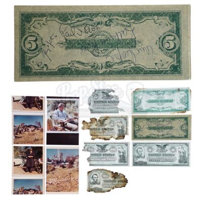 Lot # 47: BUTCH CASSIDY AND THE SUNDANCE KID (1969) - Paul Newman, Robert Redford, and Other Cast-Signed Burnt Robbery Bill with Additional Bills and Continuity Photo Scans