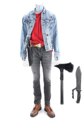 Lot # 77: The Gifted - Thunderbird's Tomahawk, Knife, Sheath, and Bloodied, Bullet-Riddled Final Fight Costume