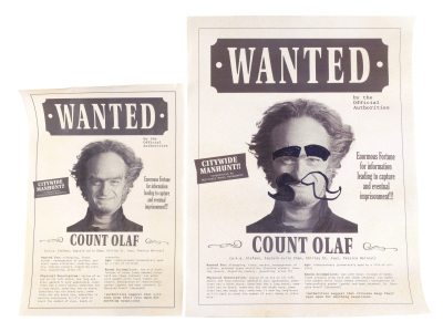 Lot # 184: Netflix's A Series of Unfortunate Events (TV Series) - Count Olaf's Wanted Posters - Clean and Drawn with Mustache